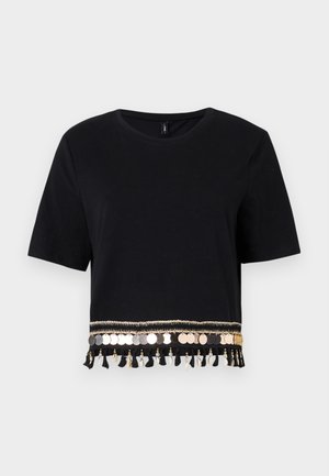 Black cropped t-shirt with short sleeves, featuring a decorative trim of gold and silver coins, and tassels along the hemline.