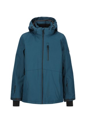 Veste imperméable teal avec fermeture éclair à l'avant, capuche réglable, poches zippées et accents noirs au niveau des poignets et de l'ourlet. Matériau lisse, design décontracté.