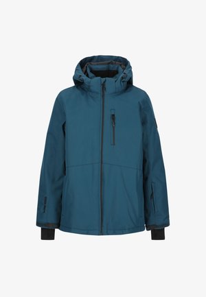 Teal vandtæt jakke med lynlås foran, justerbar hætte, lynlåslommer og sorte detaljer ved manchetter og kant. Glat materiale, afslappet design.