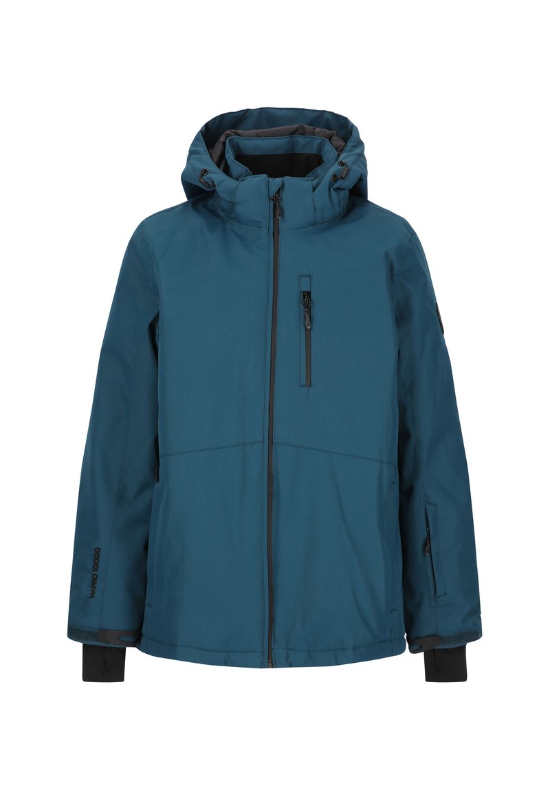 Veste imperméable teal avec fermeture éclair à l'avant, capuche réglable, poches zippées et accents noirs au niveau des poignets et de l'ourlet. Matériau lisse, design décontracté.
