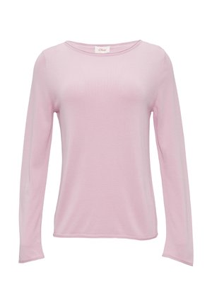 Haut à manches longues rose en maille douce, avec un col rond et une coupe décontractée présentant une texture côtelée subtile.