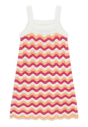 Gebreide mouwloze jurk met witte, roze en perzikkleurige golvende strepen en opengewerkt kanten patroon, vierkante halslijn en brede schouderbanden.