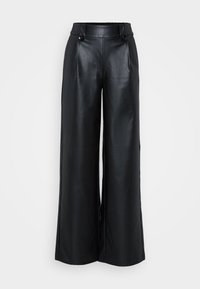 Black leather wide-leg trousers with a smooth texture, pleated front, and elastic waistband. Features buttons at the waist for detail.