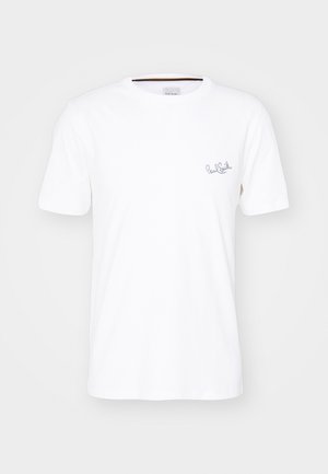 White cotton t-shirt with short sleeves, crew neckline, and subtle blue embroidered logo on the left chest. Smooth texture.