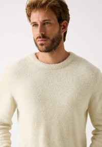 Suéter de crema clara hecho de una tela suave y texturizada. Presenta un escote redondo y mangas largas. Acabado suave con costuras mínimas.
