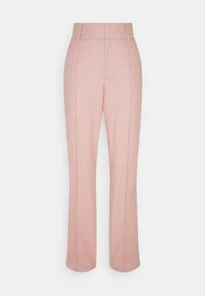 High-waisted, straight-leg trousers in soft pink fabric with front seam detail and belt loops, displayed against a plain white background.