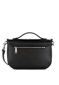 Borsa a mano in pelle nera con forma arrotondata, manico superiore e tracolla rimovibile. Presenta una tasca con zip frontale e hardware color argento.