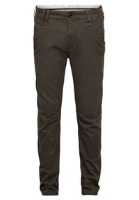 Ciemnooliwkowe bawełniane spodnie o wąskim kroju, z przednimi kieszeniami, zapinane na guzik, z delikatną fakturą.