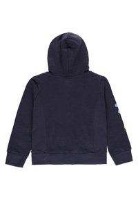 Marineblaues Hoodie mit großer Kapuze, gerippten Bündchen und Saum. Mit farbenfrohen Mustern auf den Ärmeln. Weiches Mischgewebe aus Baumwolle.