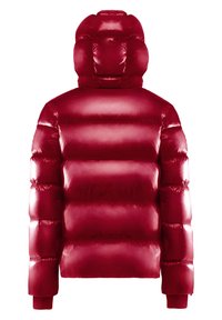 Röd blank puffjacka med vadderad design, hög krage och ribbade ärmslut, samt en distinkt rund huva för extra värme.