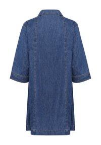 Denimshirt, korte mouwen, kraagontwerp, blauwe kleur, zichtbare stikdetails, losse pasvorm, met zijslits voor extra bewegingsvrijheid.