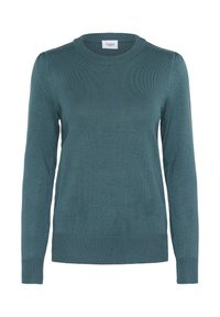 Pull-over en maille douce de couleur teal, à manches longues, avec un col rond et un ourlet ainsi que des poignets côtelés, présentant une légère épaulette aux coutures des épaules.