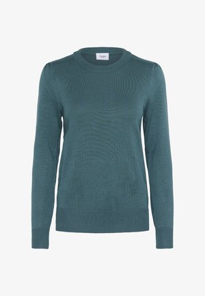 Teal long-sleeve sweater in soft knit fabric, featuring a round neckline and ribbed hem and cuffs, with slight puff at shoulder seams.