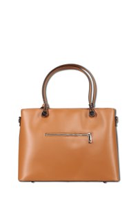 Tan leather handbag with double handles and a horizontal external zipper pocket on the front, against a white background.