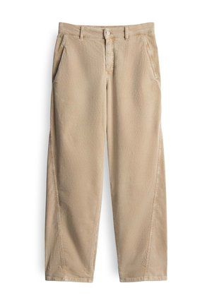 Beige wijde broek van katoen, met een knoopsluiting, twee voorzakken en zichtbare stiksels langs de naden.