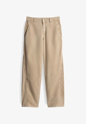 Beige wijde broek van katoen, met een knoopsluiting, twee voorzakken en zichtbare stiksels langs de naden.