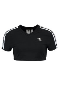 Černé zkrácené tričko s výstřihem do V, na kterém se nachází bílé logo Adidas a tři bílé proužky podél ramen. Vyrobeno z měkkého, elastického materiálu.