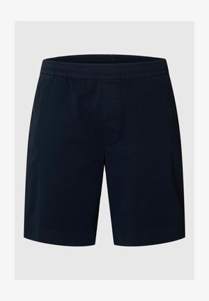 Meeste tumesinised elastse vöökohaga lühikesed püksid sirgete säärtega, eesmise õmblusega ja siledast kangast.