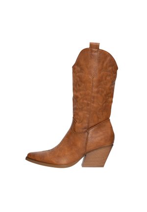 Braune Lederimitat-Cowboystiefel mit gestickten Mustern, spitz zulaufender Zehenpartie und gestapeltem Absatz. Verfügt über eine Ziehlasche auf der Rückseite für ein einfaches Anziehen.
