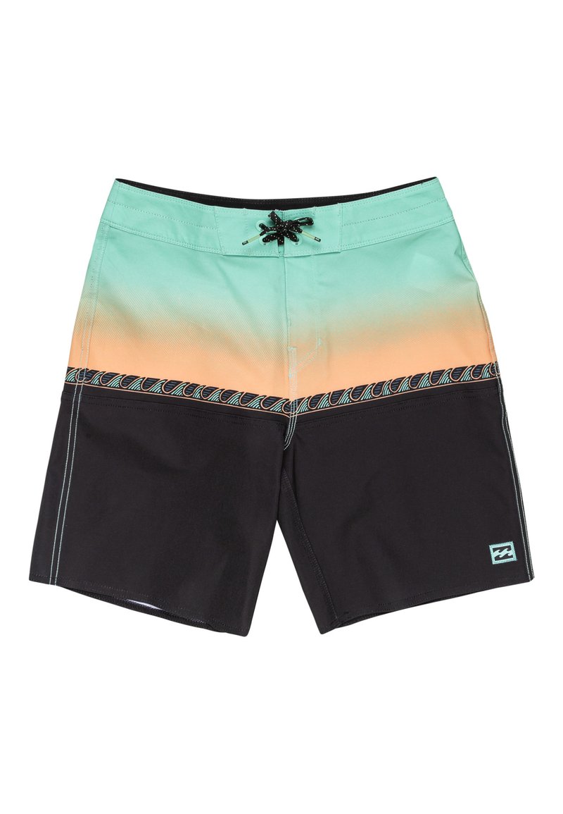 Herre boardshorts med en mintgrøn til orange gradient på den øverste halvdel og en ensfarvet sort nederste halvdel, sort snor i livet og blå bølge mønster akcent.