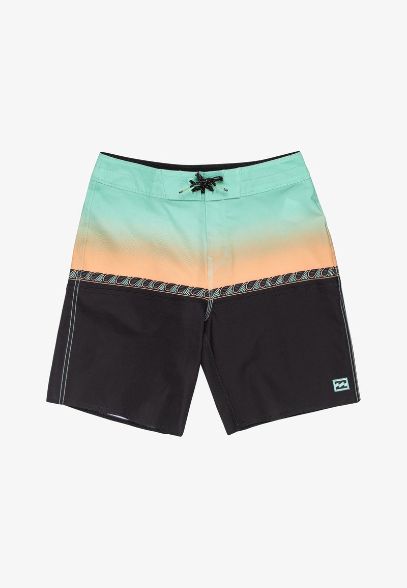 Herre boardshorts med en mintgrøn til orange gradient på den øverste halvdel og en ensfarvet sort nederste halvdel, sort snor i livet og blå bølge mønster akcent.