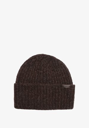 Beanie di lana marrone con texture a coste e risvolto. Presenta un piccolo tag in pelle marrone con lettere in rilievo "MM."