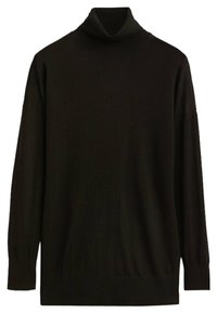 Czarny sweter z golfem i długimi rękawami, wykonany z miękkiej dzianiny. Charakteryzuje się luźnym krojem oraz prążkowanym wykończeniem przy szyi i u dołu.