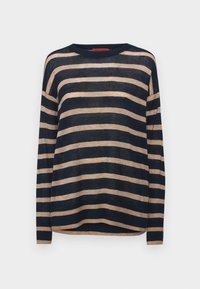 Navyblau und beige horizontal gestreifter Pullover mit langen Ärmeln, rundem Ausschnitt und einer leicht lockeren Passform.