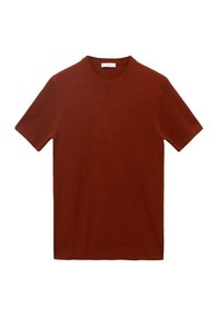 Roestkleurig t-shirt met korte mouwen van textuurstof en een ronde hals. Eenvoudig ontwerp, geen patronen of accenten, een strakke en moderne vorm.