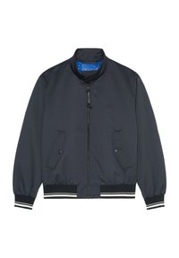 Giacca bomber blu navy con collo alla coreana, chiusura con zip, due tasche frontali, polsini e orlo a costine, con fodera interna blu.