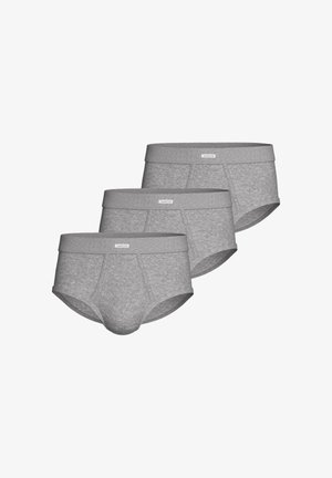 Drie grijze herenslips met een gebrandmerkte tailleband met het label "Impetus", gerangschikt in een verspringende overlappende lay-out op een witte achtergrond.