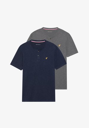 Two short-sleeve henley t-shirts. One navy with a gold logo and buttons, and one gray with a similar logo. Cotton material, casual fit.
