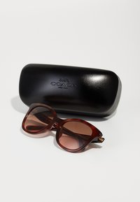Ochelari de soare mari, de culoare maro, cu lentile degradate, așezați lângă un toc protector negru, cu logo-ul embosat "Coach New York".
