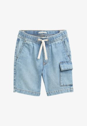 Jeansshorts in Hellblau mit einem elastischen Taillenbund und einer weißen Kordel, zwei seitlichen Taschen und einer Cargo-Tasche am rechten Bein.