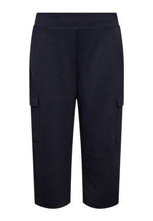 Marinfärgade cargoshorts i mjukt tyg, med sidofickor, elastisk midja och längd till mitten av vaderna. Ren, slät textur utan mönster.