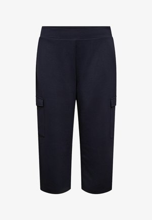 Navy cargo shorts made of soft fabric, featuring side pockets, elastic waistband, and mid-calf length. Clean, smooth texture with no patterns.