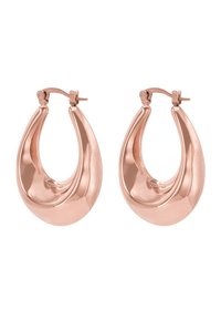 Orecchini a cerchio in oro rosa con una forma curva a goccia e superficie lucida. Presentano una chiusura a scatto e una texture liscia e brillante.