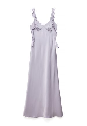 Satynowa sukienka na ramiączkach z lawendowym odcieniem, z falbanami na ramiączkach i dopasowanym górnym elementem, sięgająca do kostek, z płynną spódnicą, bez rękawów.