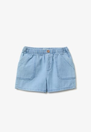 Hellblaue Kleinkinder-Shorts mit elastischem Bund, vorderem Knopf und zwei großen Vordertaschen.