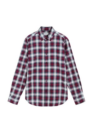 Camisa de manga larga con botones, de patrón a cuadros en rojo, blanco y verde, con cuello extendido y puños abotonados.