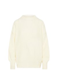 Strickpullover in Off-White mit hohem Kragen, legerem Schnitt, überschnittenen Schultern und gerippten Bündchen. Subtile Struktur im gesamten Stoff.