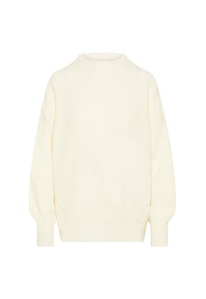 Strickpullover in Off-White mit hohem Kragen, legerem Schnitt, überschnittenen Schultern und gerippten Bündchen. Subtile Struktur im gesamten Stoff.