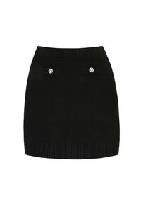 Jupe en tricot noir avec une taille côtelée, dotée de deux poches décoratives et d'accents en forme de fleur en métal argenté. Texture lisse sur l'ensemble.