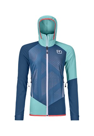 Hooded jacket featuring a color-block design in navy and turquoise, with geometric patterns, zip closures, and side pockets.