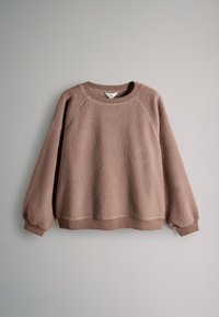 Brown textured fleece sweatshirt with long sleeves and ribbed cuffs, neckline, and hem displayed on a plain background.