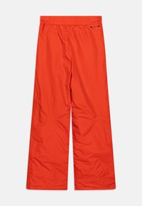Bright orange insulated pants with a wide leg design, featuring an elastic waistband and smooth, water-resistant texture.