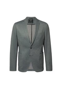 Blazer en vert foncé texturé avec des revers crantés, deux boutons, poches frontales et doublure intérieure. Design ajusté pour une apparence soignée.