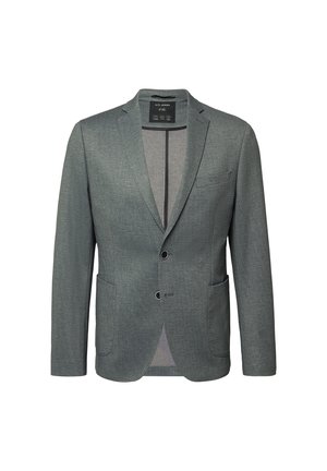 Blazer texturizado de un verde oscuro con solapas de pico, dos botones, bolsillos frontales y forro interior. Diseño ceñido para una apariencia elegante.