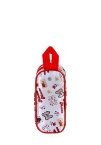 Trousse de toilette à motif rouge avec un fond argenté, ornée de dessins floraux et de papillons. Comprend une poignée de transport rouge sur le dessus.