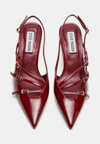 Tacchi slingback in pelle verniciata rossa con punta affilata, dotati di più cinghie e fibbie dorate per una vestibilità sicura.